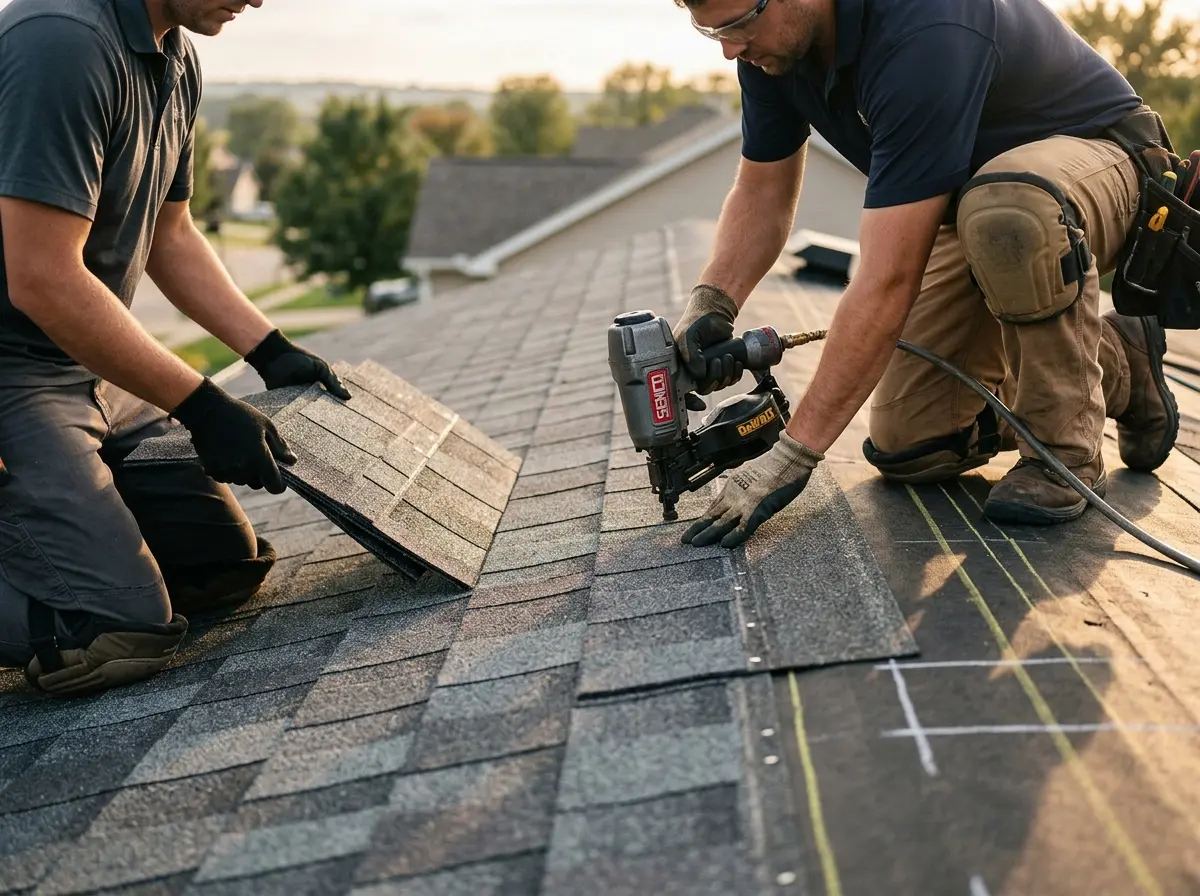 Professional roofer working on a residential roof in Belleview